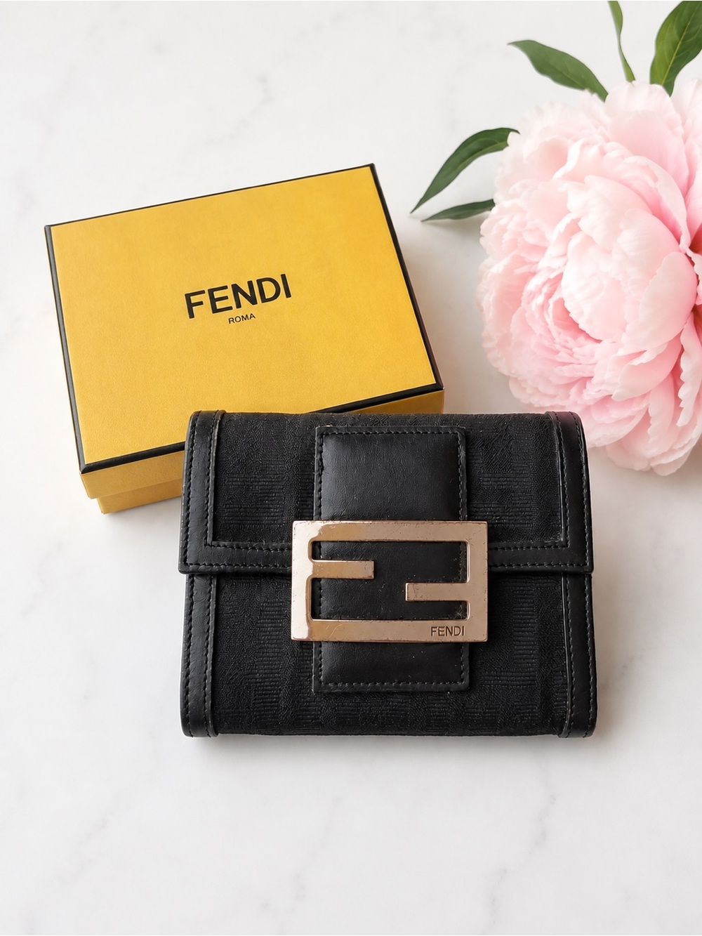Fendi Vintage Black FF Zucca Trifold Wallet Silver FF Buckle
